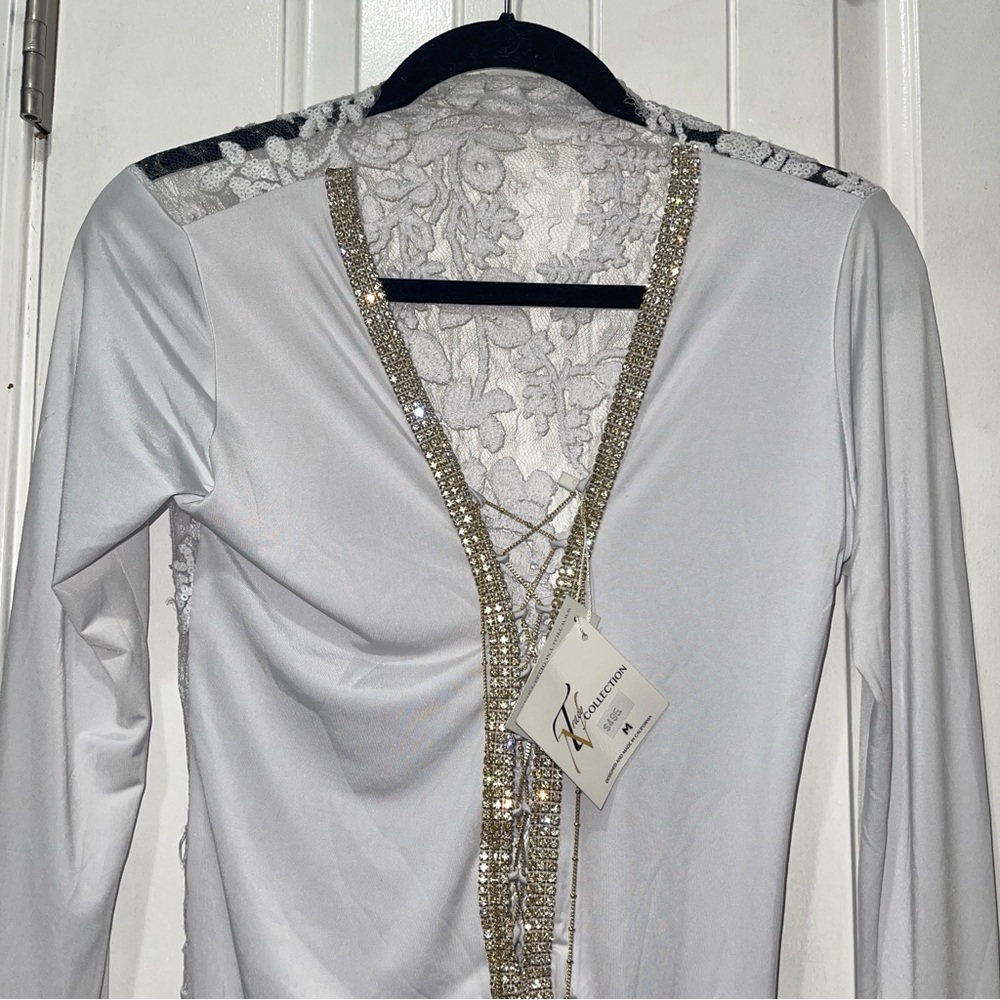 Swarovski crystal LS White lace plunging white dress w gold metallic trim